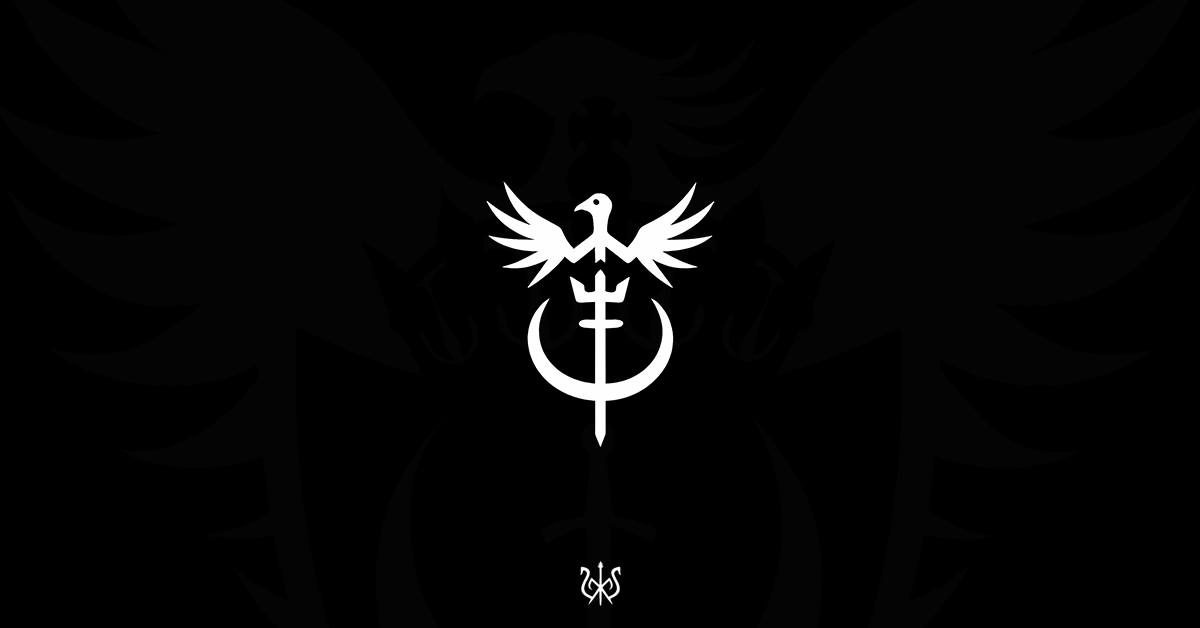 Symbol eines Adlers mit Speer, in Weiß auf schwarzem Hintergrund, stilisierte Grafiken.