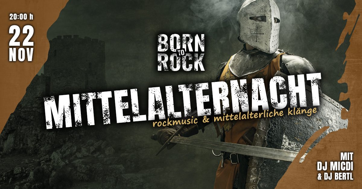 Plakat für eine Mittelalternacht mit einem Ritter in Rüstung und Rockmusik-Elementen.
