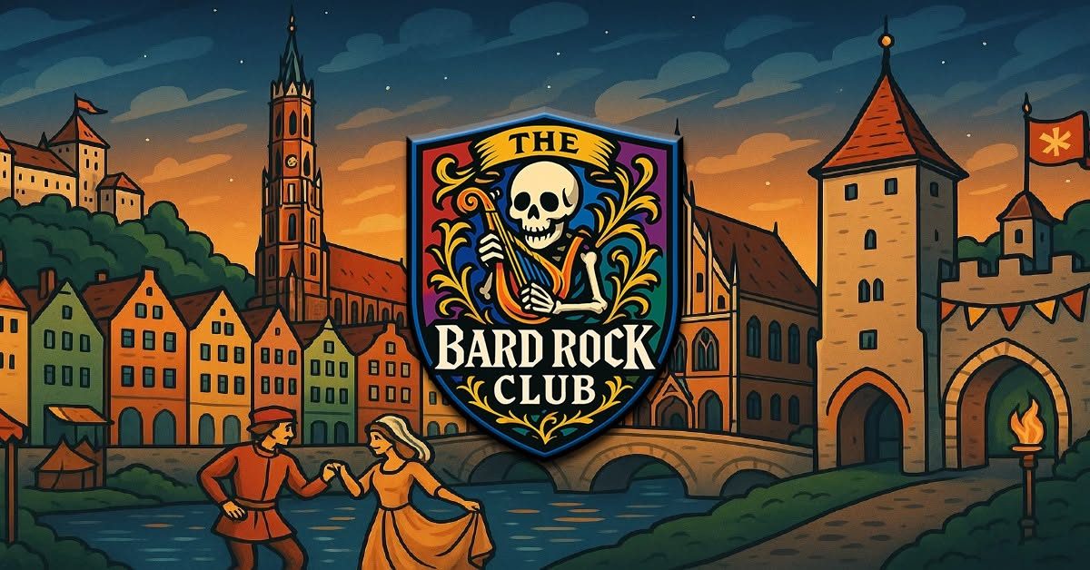 Logo des Bardrock Clubs, umgeben von einer mittelalterlichen Stadtlandschaft.
