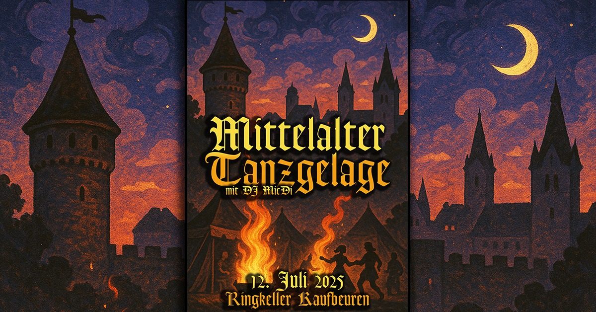 Mittelalterliche Szene mit Türmen, Feuer und einem nächtlichen Himmel.